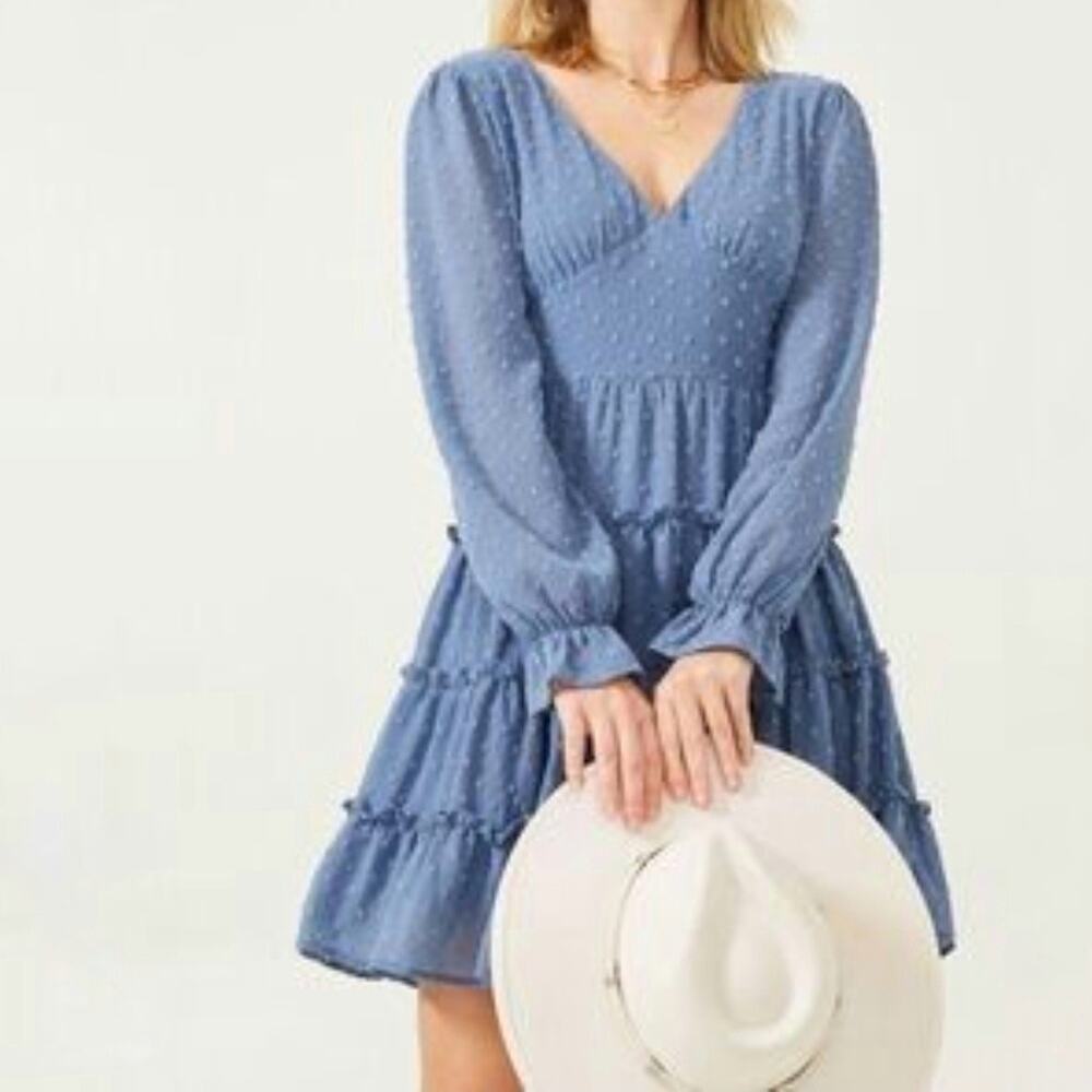 Altar'd State Eliza Swiss Dot Sheer Sleeve Tiered Mini Dress Dusty Blue Large